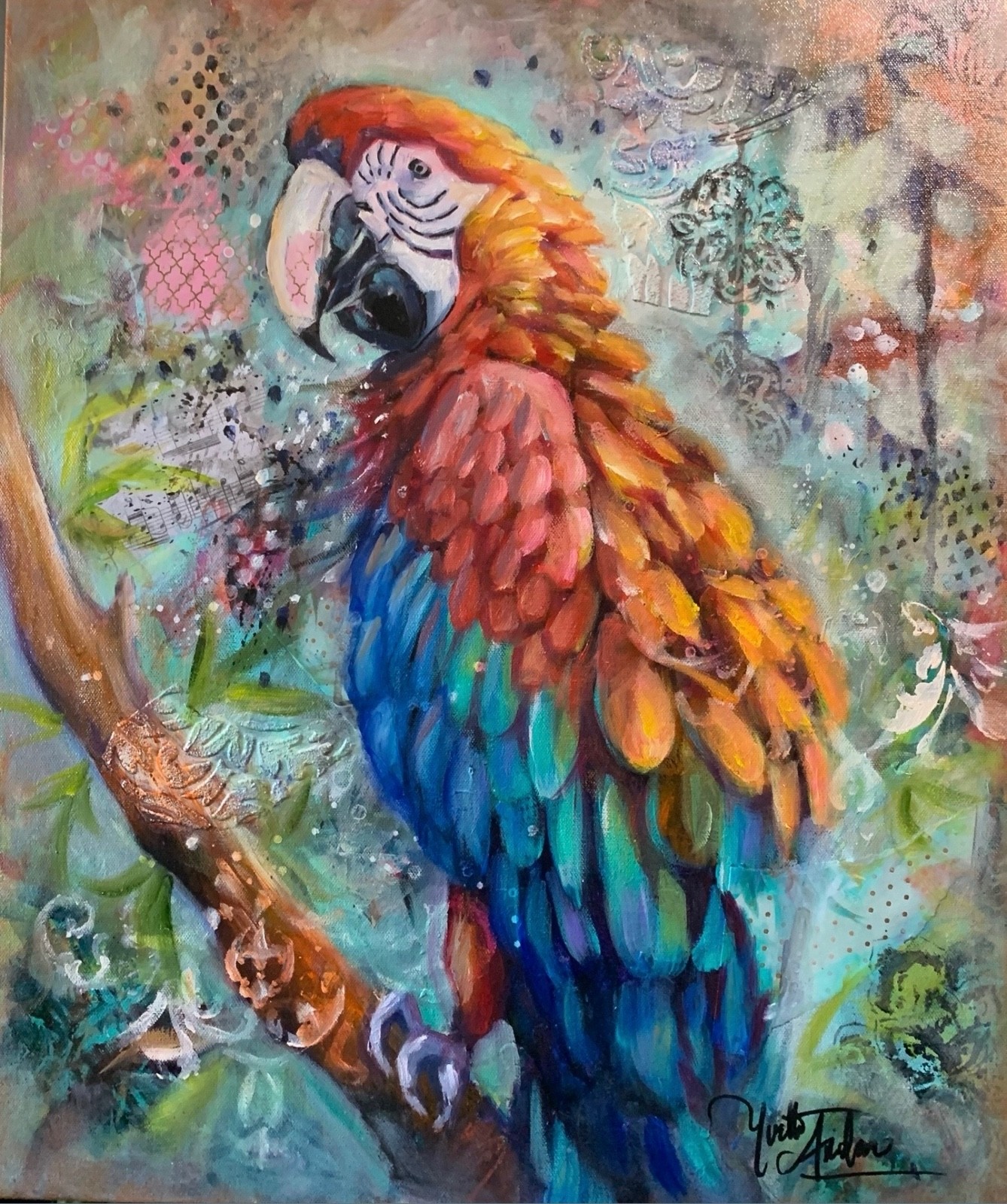 Exotic bird parrot Oil, mix media collage 24 x 20 gallery wrapped painting