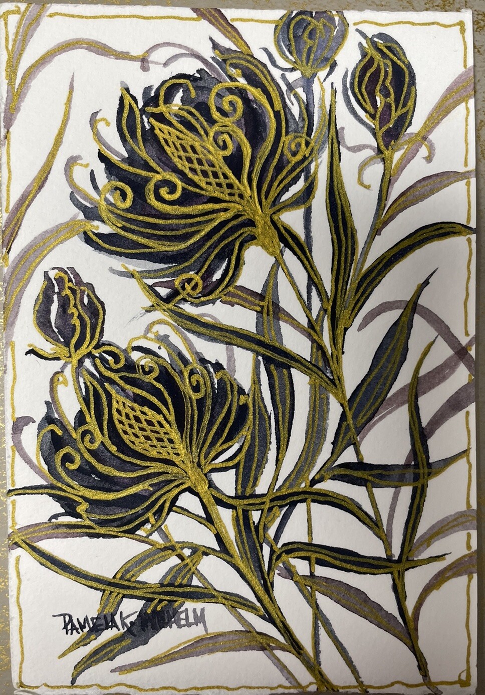 Pamela Wilhelm original 3.5”x5.25” Watercolor & Gold Ink Fantasy Floral