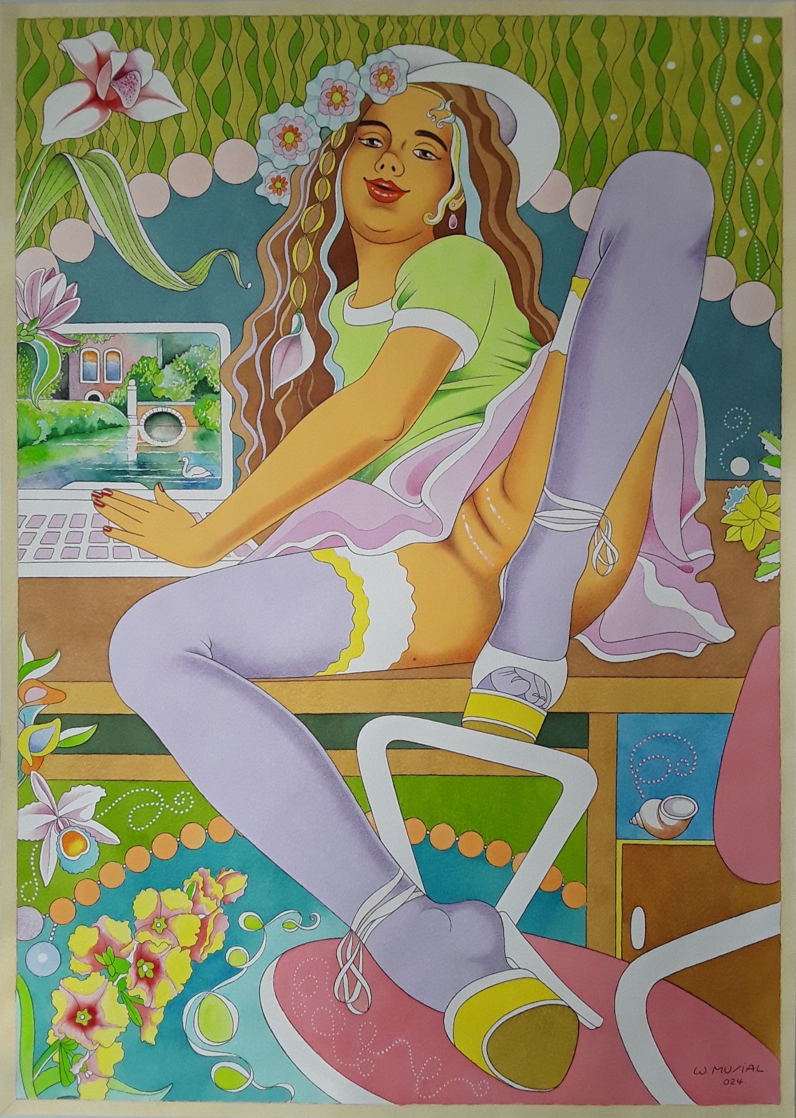 Erotic, large watercolor 50×70 cm, «The charming laptop girl», Lovely Lisa Art.