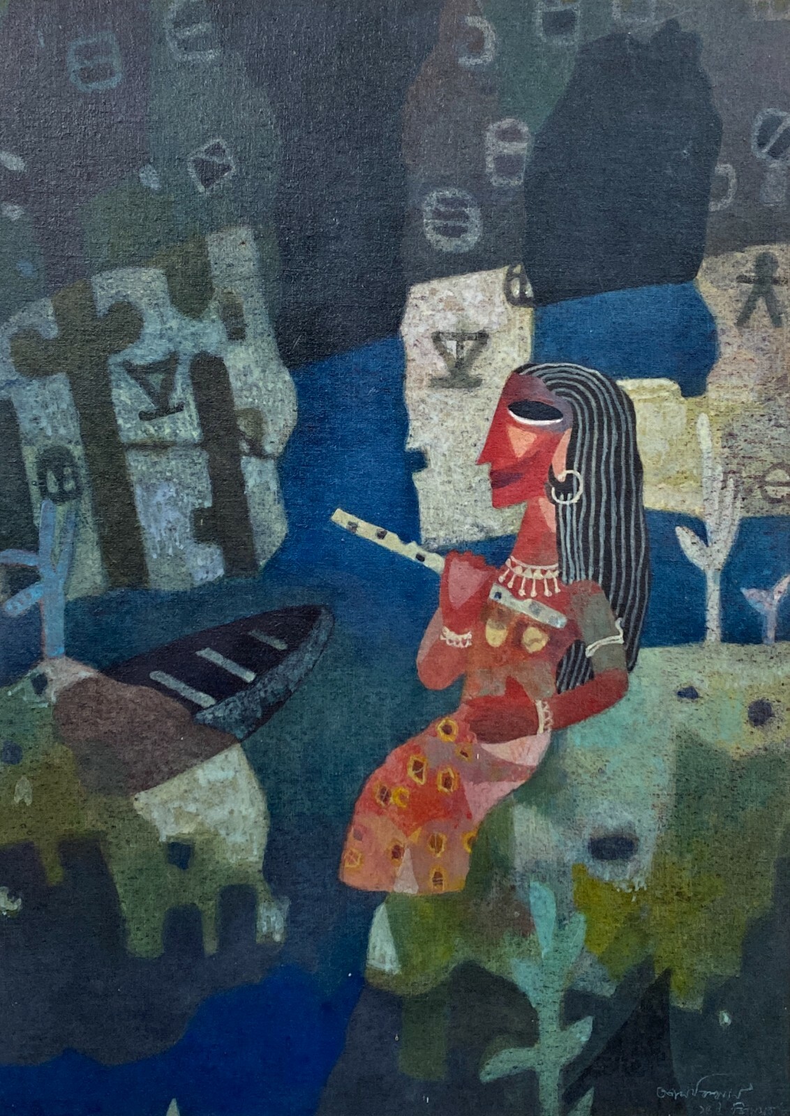 SOUTH ASIAN MID CENTURY FIGURE PAINTING MYTHOLOGICAL QUEEN PROGRESSIVE GROUP