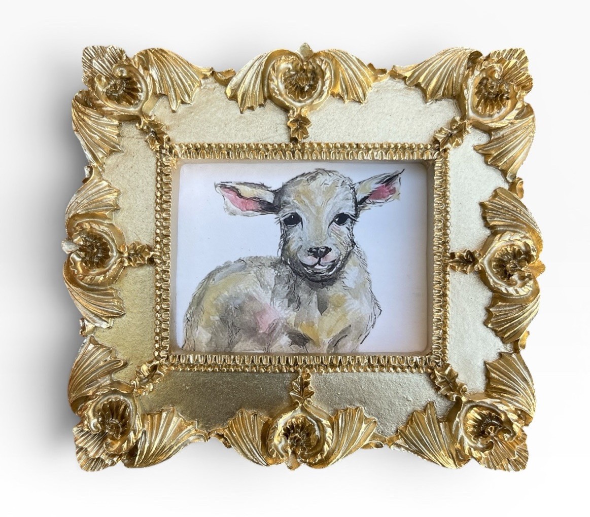 Lamb watercolor animal print of painting in mini vintage style ornate frame