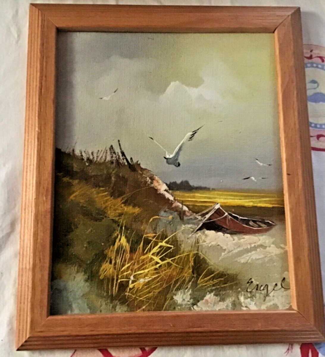 Rare Old Original Art Engle TEXAS Oil PAINTING Beach Front Gull~OOAK~Galvaston