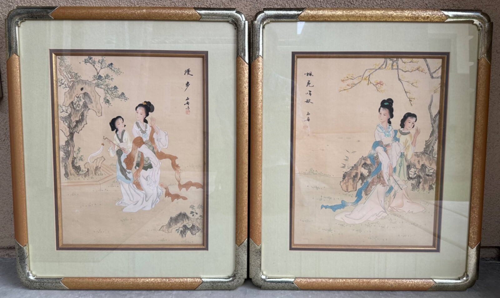 Antique Asian Pair of “Two Women in Garden” Framed Ink & Colors Silk Paintings