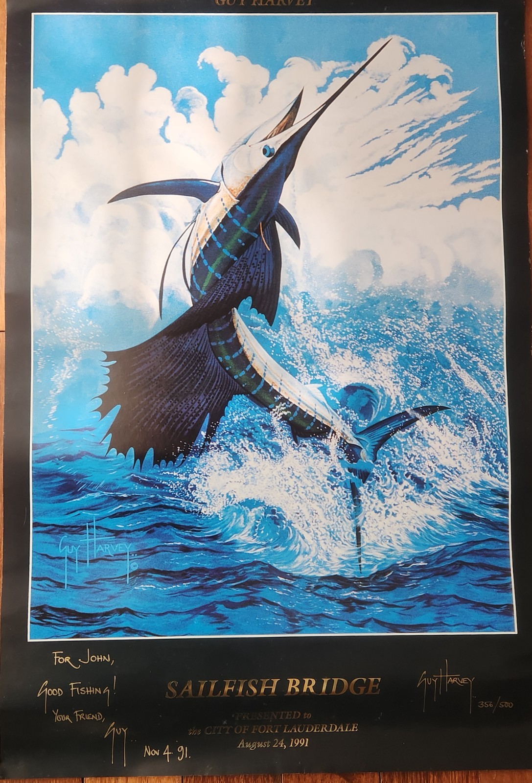 Guy Harvey Signed “Sailfish Bridge” Lithograph Ltd Editon #356/500 Personalized