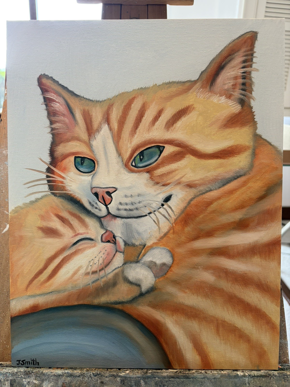 Original oil painting 11 x 14 inches orange tabby cat snuggling baby kitten