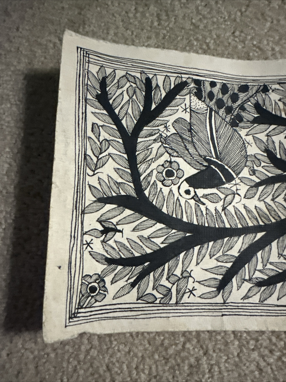 Hand Painted Tree And Bird Thin Canvas Painting Indian Art 22″ Signed Leela Devi