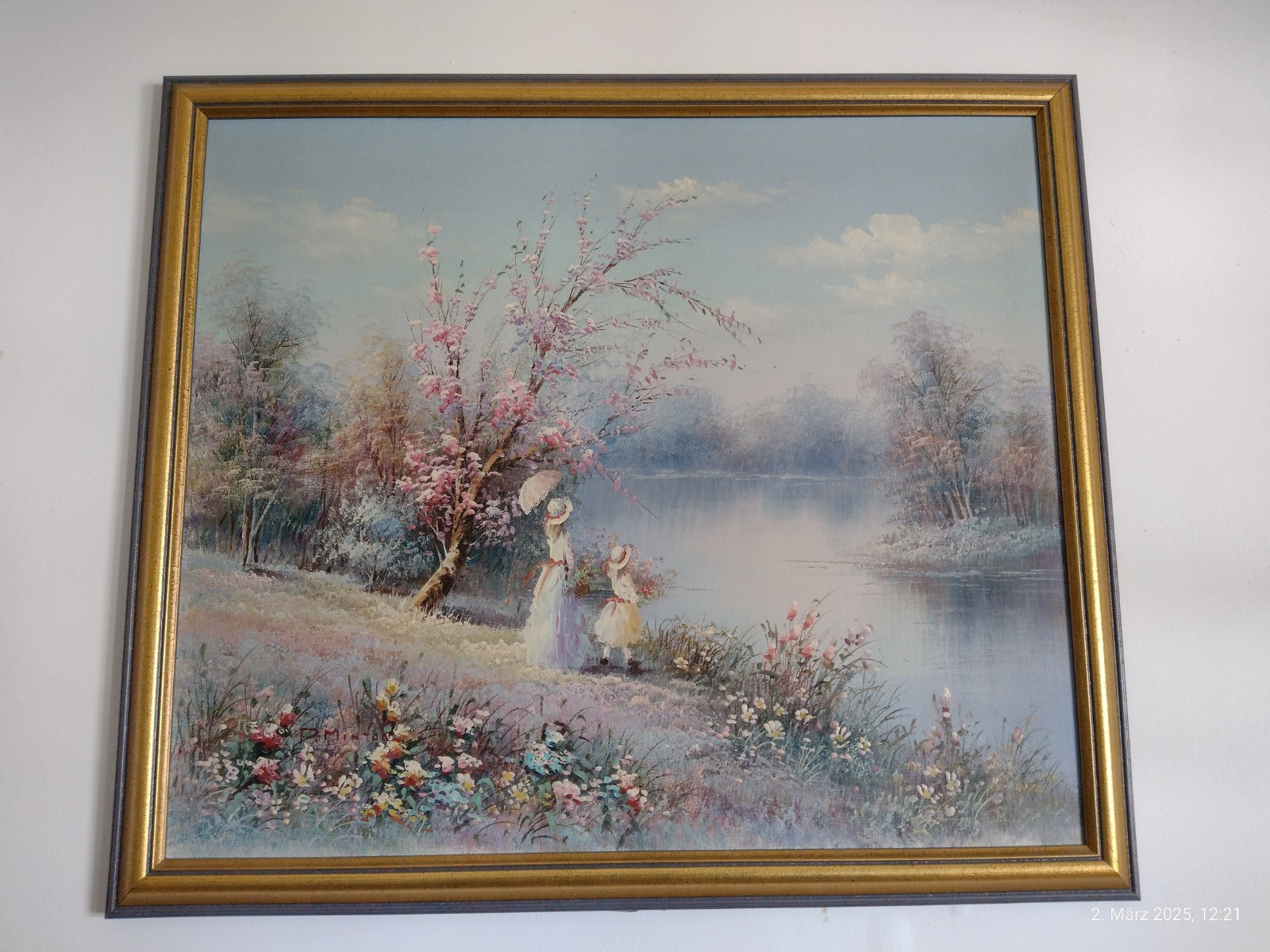 Original Oil Painting «Mother and Daughter at the Lake» by P. Minton, Signed
