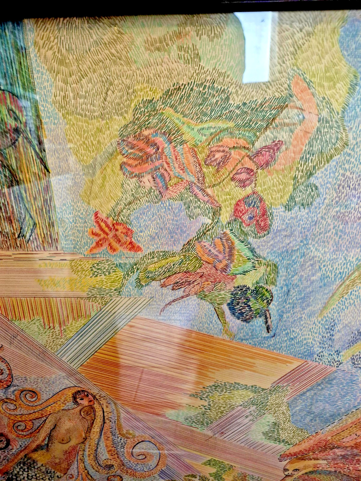 Large 43″ X 36″ Art Painting Colored Pencil Pointillism Mima Trifunovic Mermaids