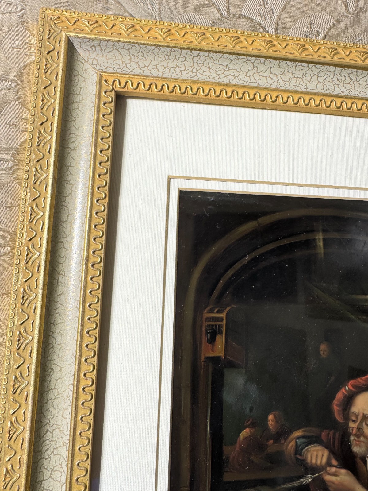Stunning Antique «Man Sharpening Quill Pen» Oil On Metal Painting – Framed