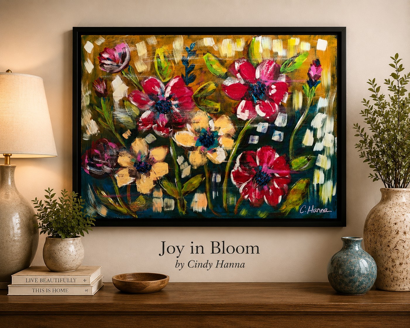 Joy in Bloom – Original Floral Acrylic Painting by Cindy Hanna – Framed Abstract