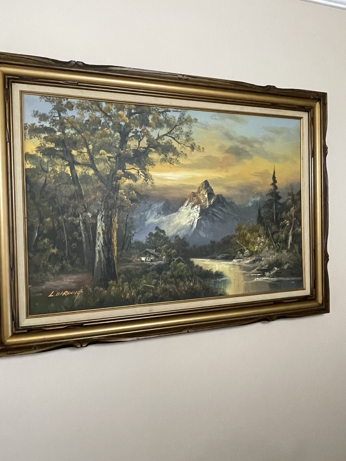 L HARDING PAINTING ON CANVAS / LANDSCAPE MOUNTAINS WATERFALL SIGNED FRAMED