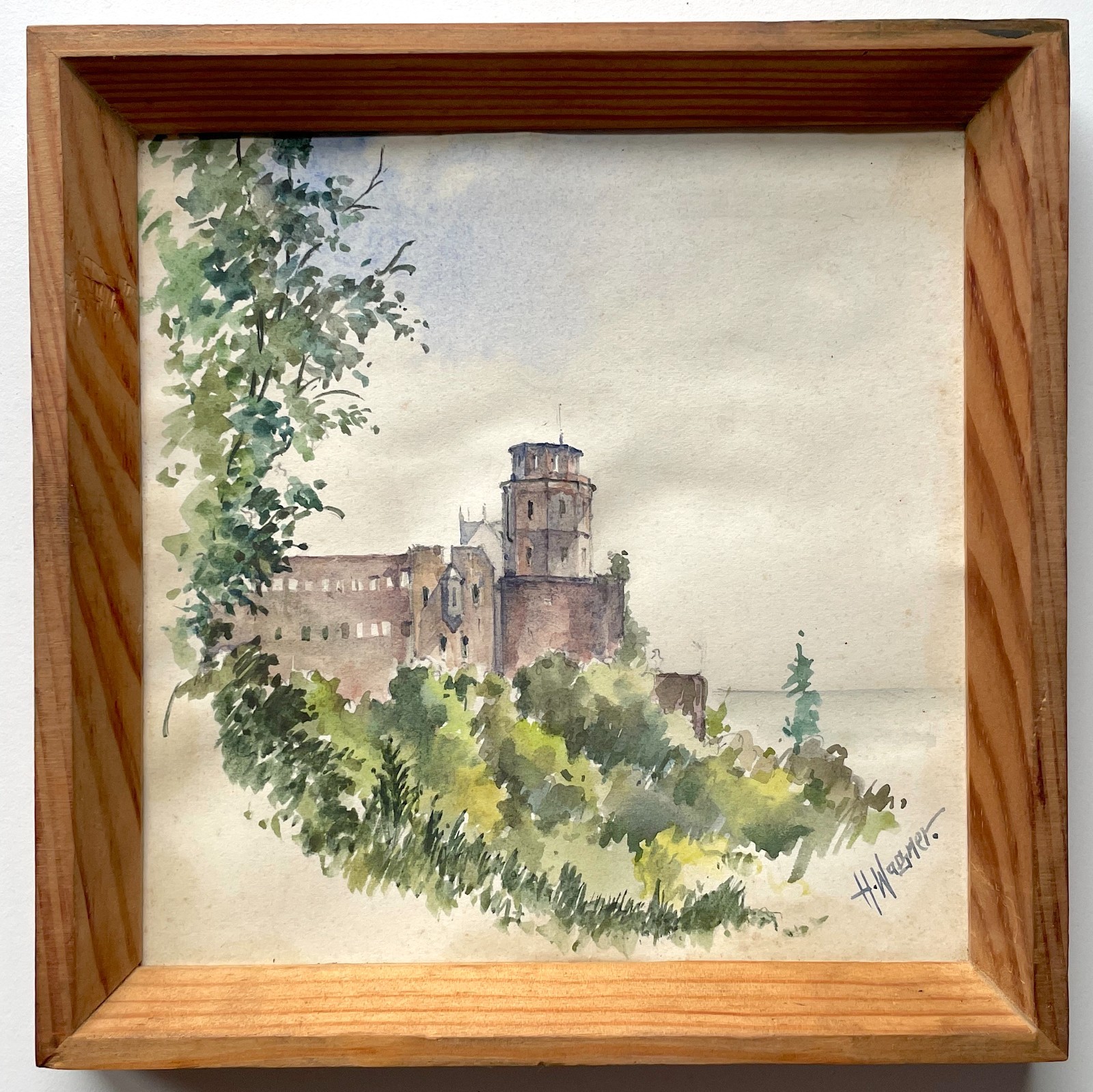 Signed H. WAGNER Framed Watercolor – Heidelberg Castle – 5 3/8″ Square