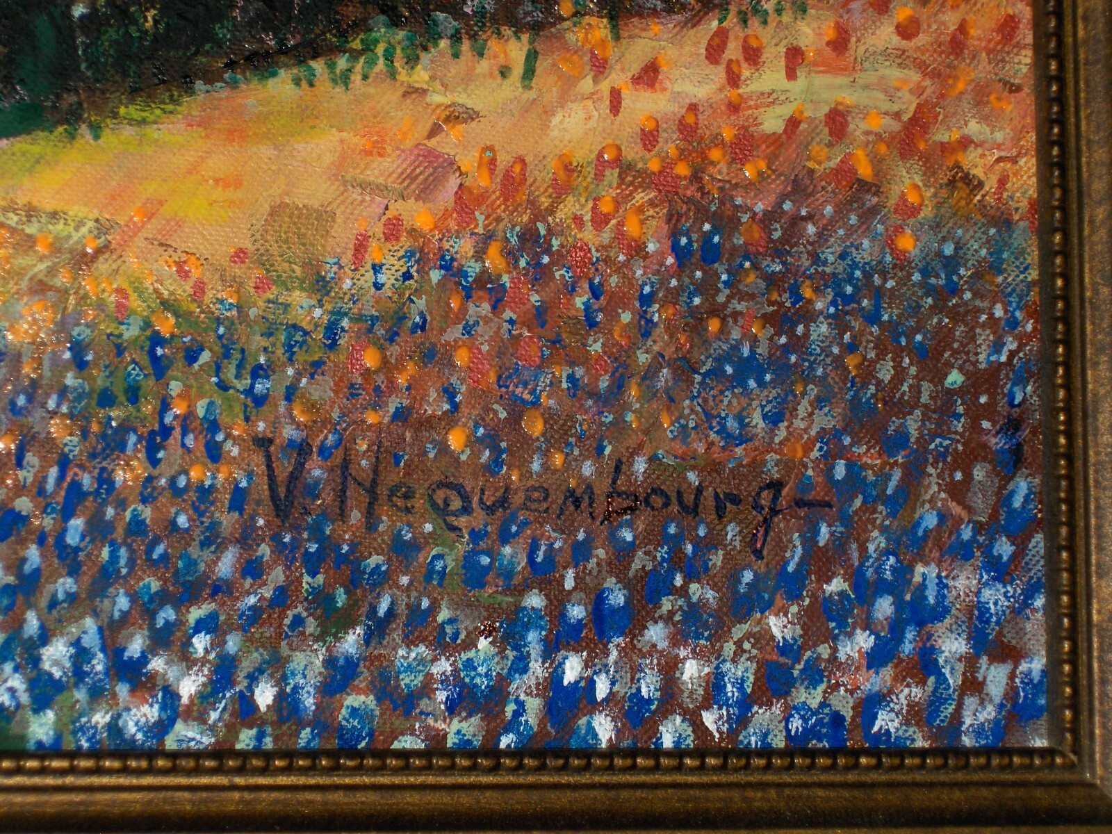 LARGE ORIGINAL Bluebonnet Landscape Lake Creek Blooming Tree Vintag Cnv Painting