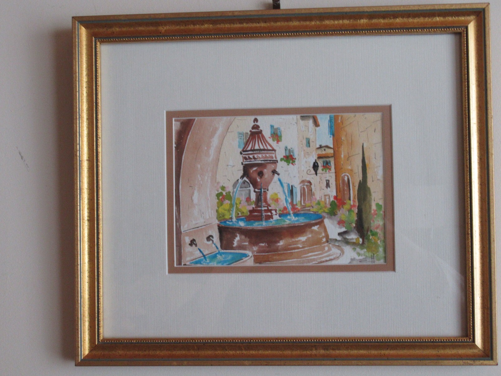 Original Matching Pair Watercolors City Port & Fountain Signed, Matted & Framed