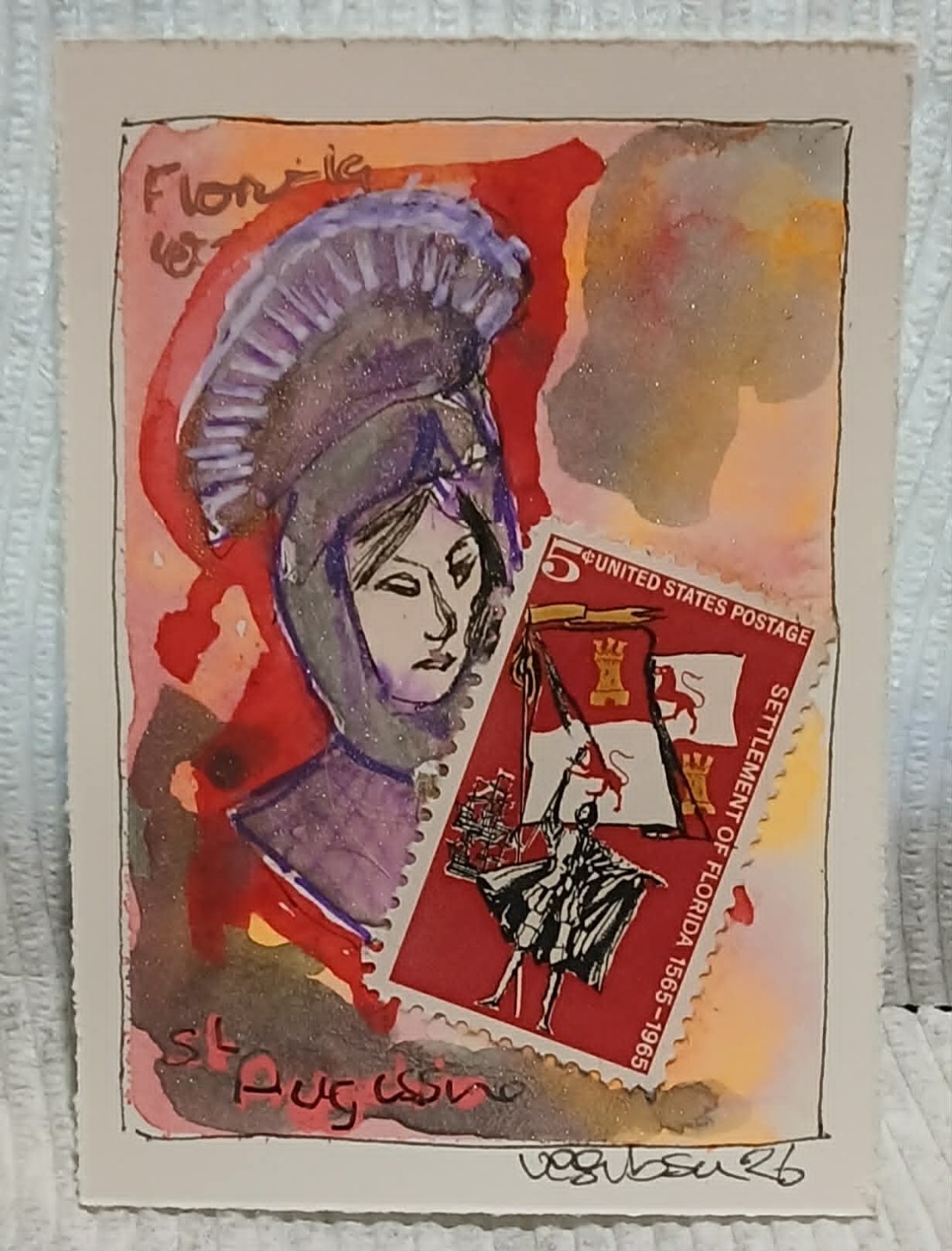 Postal Whimsy Florida 1565 — Abstract Conquistador ACEO OOAK Watercolor & Stamp