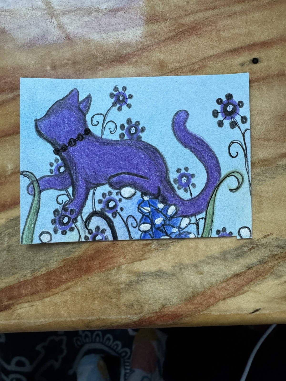 Aceo Original Art Trading Card, purple cat in a flower field, Art By Sommer Rayn