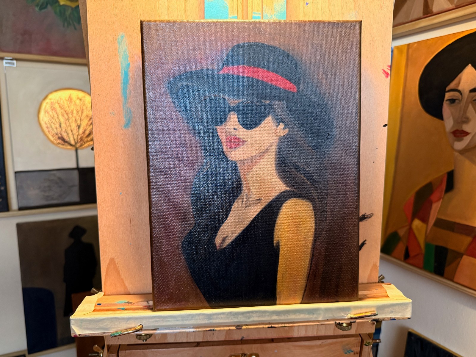 Original Oil Painting 9×12 – Fashion Portrait Woman in Hat & Sunglasses, Contemp