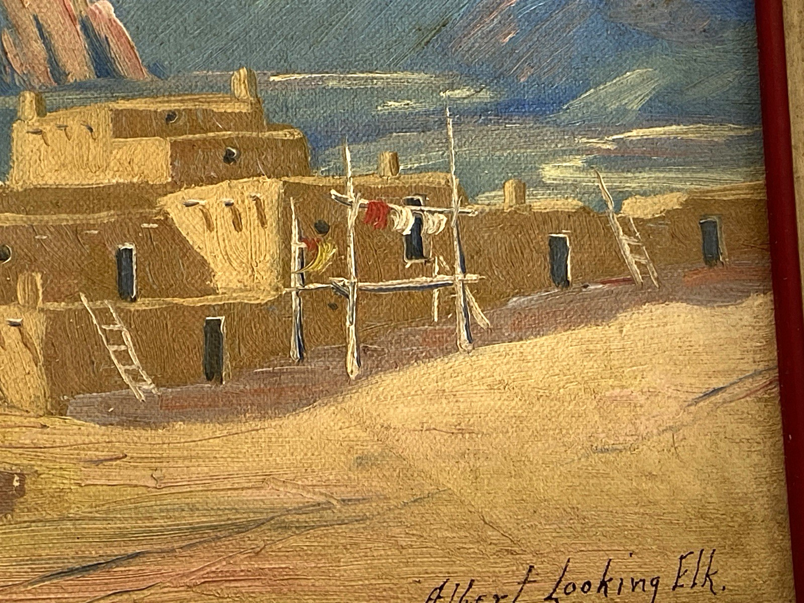 Orig Albert Looking Elk (Martinez) Oil Painting, Taos Pueblo, Framed 14″ x 10″