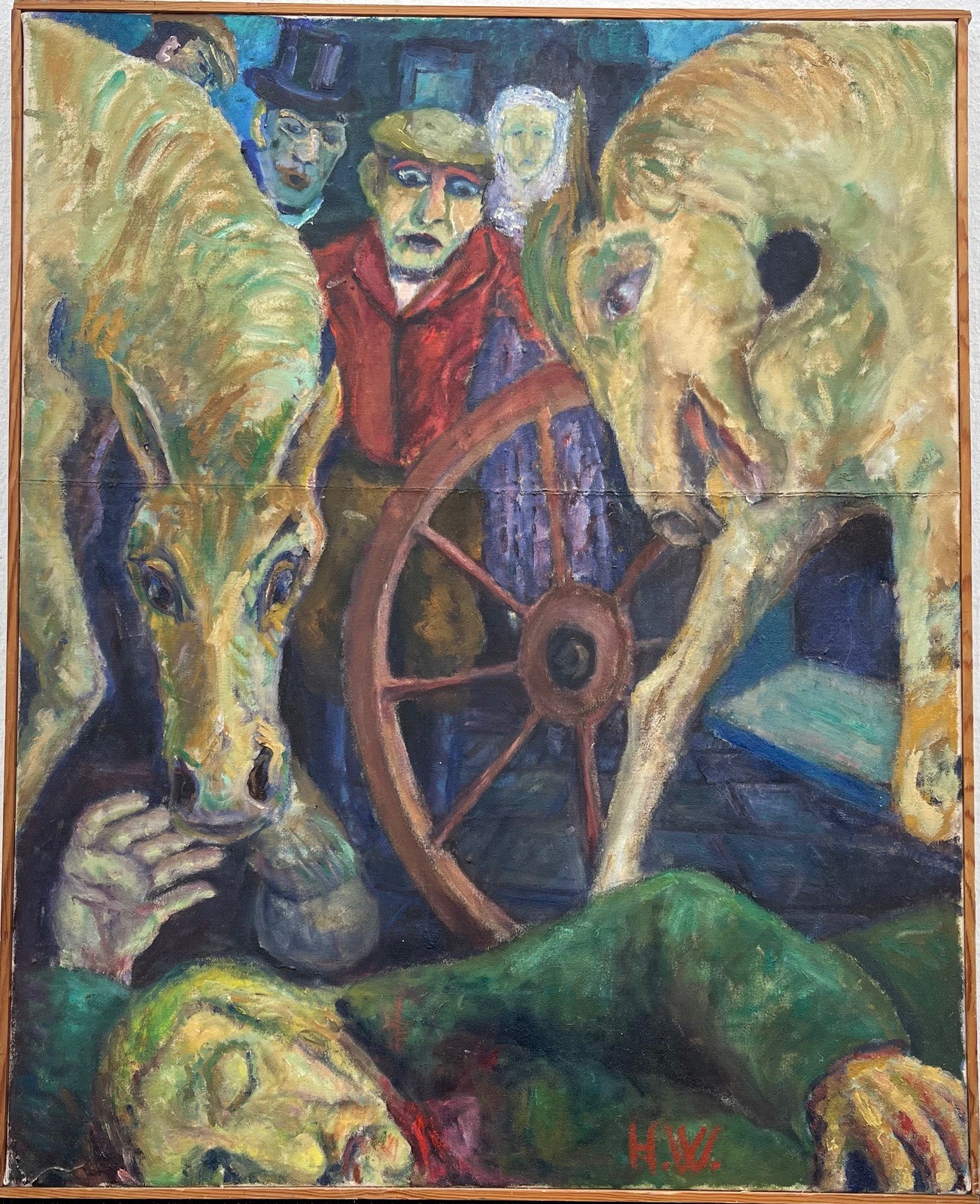 Oil Painting Expressionist Composition with People and Animals Sixties