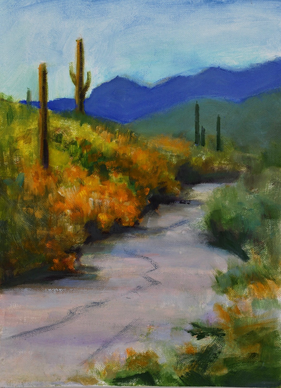 Arizona poppies Landscape path mountains saguaro Original Oil Canvas Sue Whitney