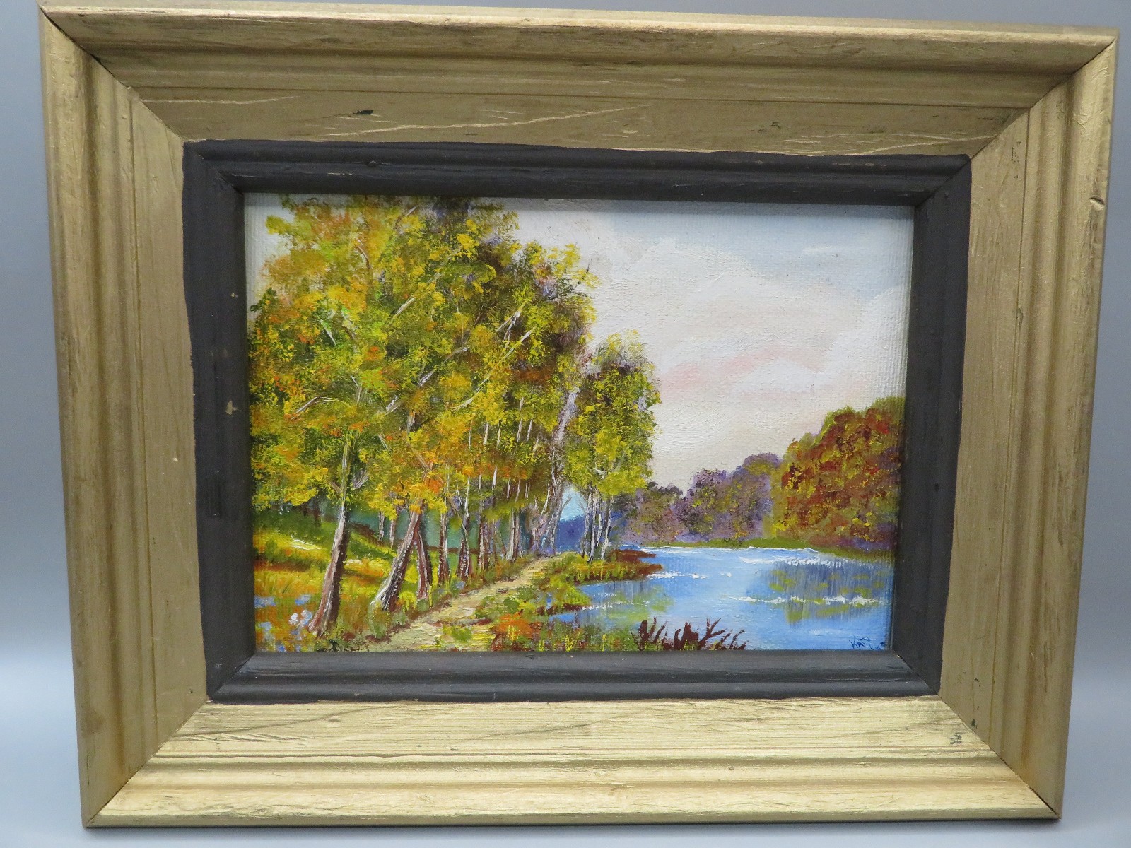 Original Acrylic Art Painting Signed Wood Frame Water Trees Autumn 7.5″ X 9.5″