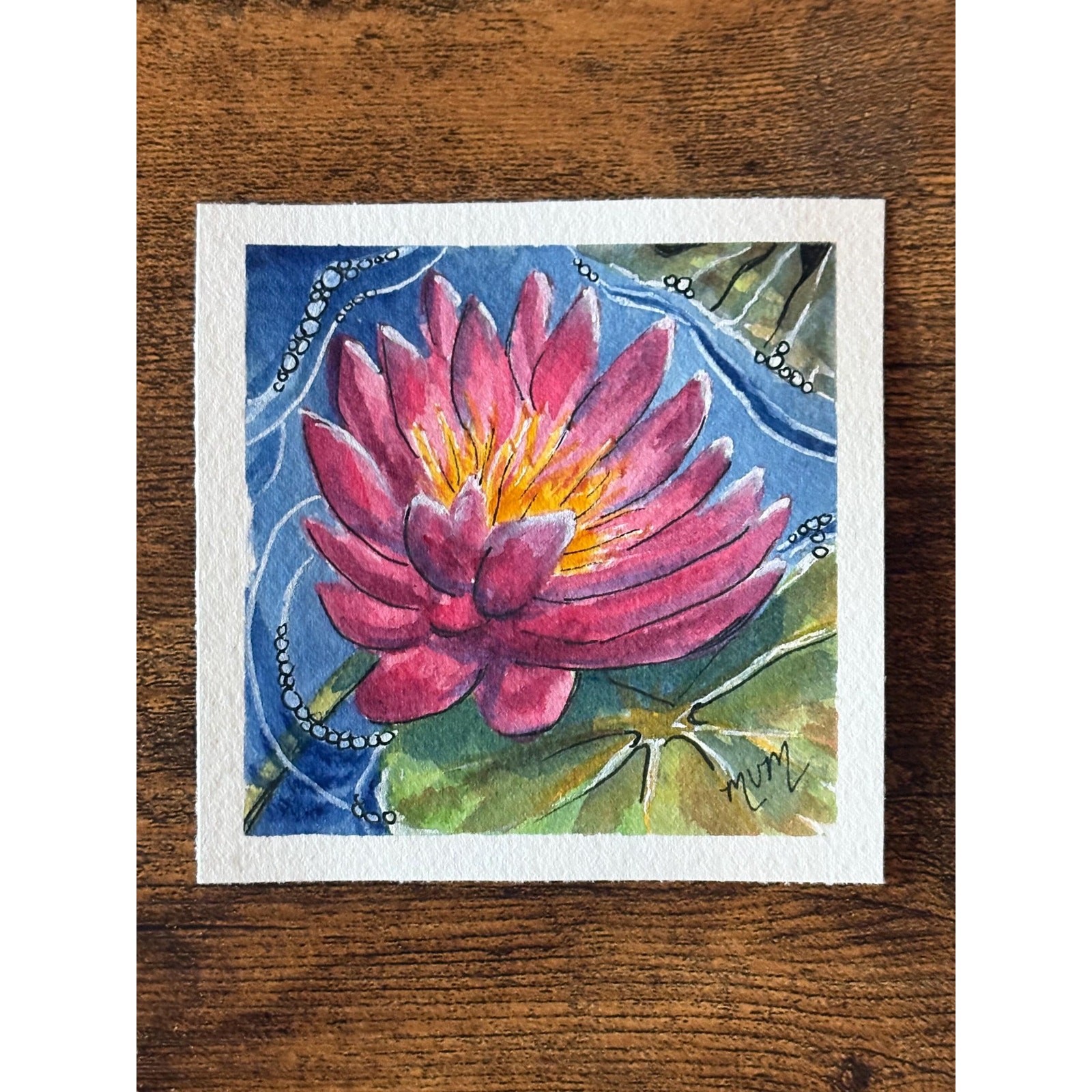 Miniature Watercolor Pink Water Lily Painting 4×4″ Original Mini Art NOT A PRINT