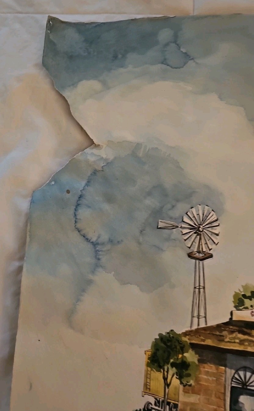 1976 B Wyeth Cordelia Junction Watercolor Fairfield CA Train Cars Arches 30×22.5