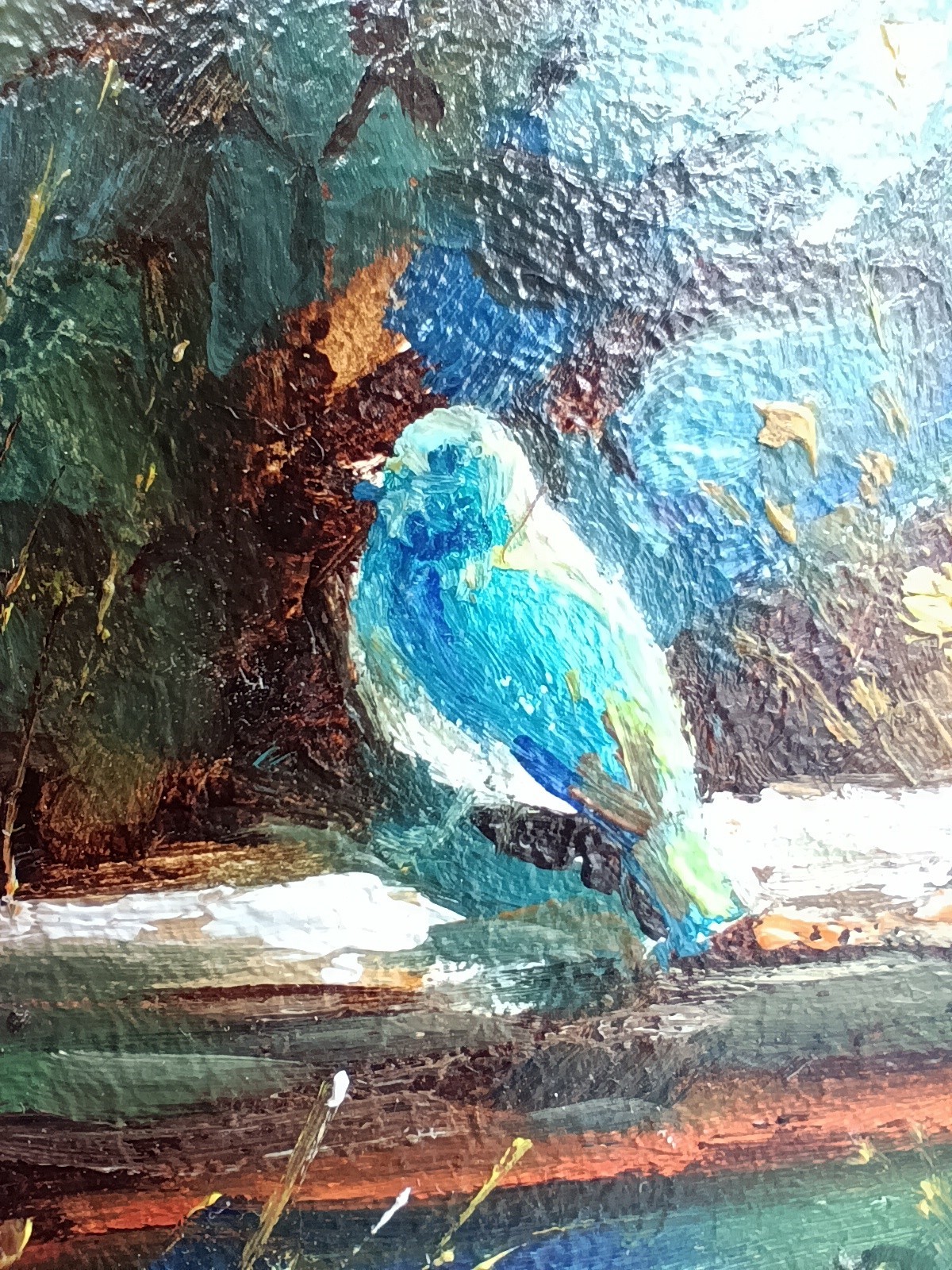 Original Bird Painting Signed 4×4 Gold Inset Frame Bluebird Forest Stream Gift