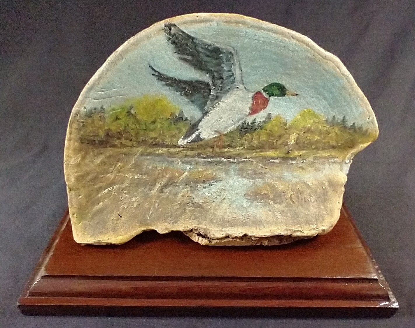 Mallard Duck Painting On Tree Shelf Fungus Mushroom Wildlife Pond Wooden Base
