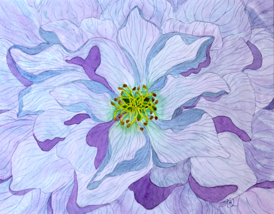 PAINTING WATERCOLOR FLOWER PEONY BLUE PURPLE 11X14 & DOUBLE WHITE MAT 16X20 ART