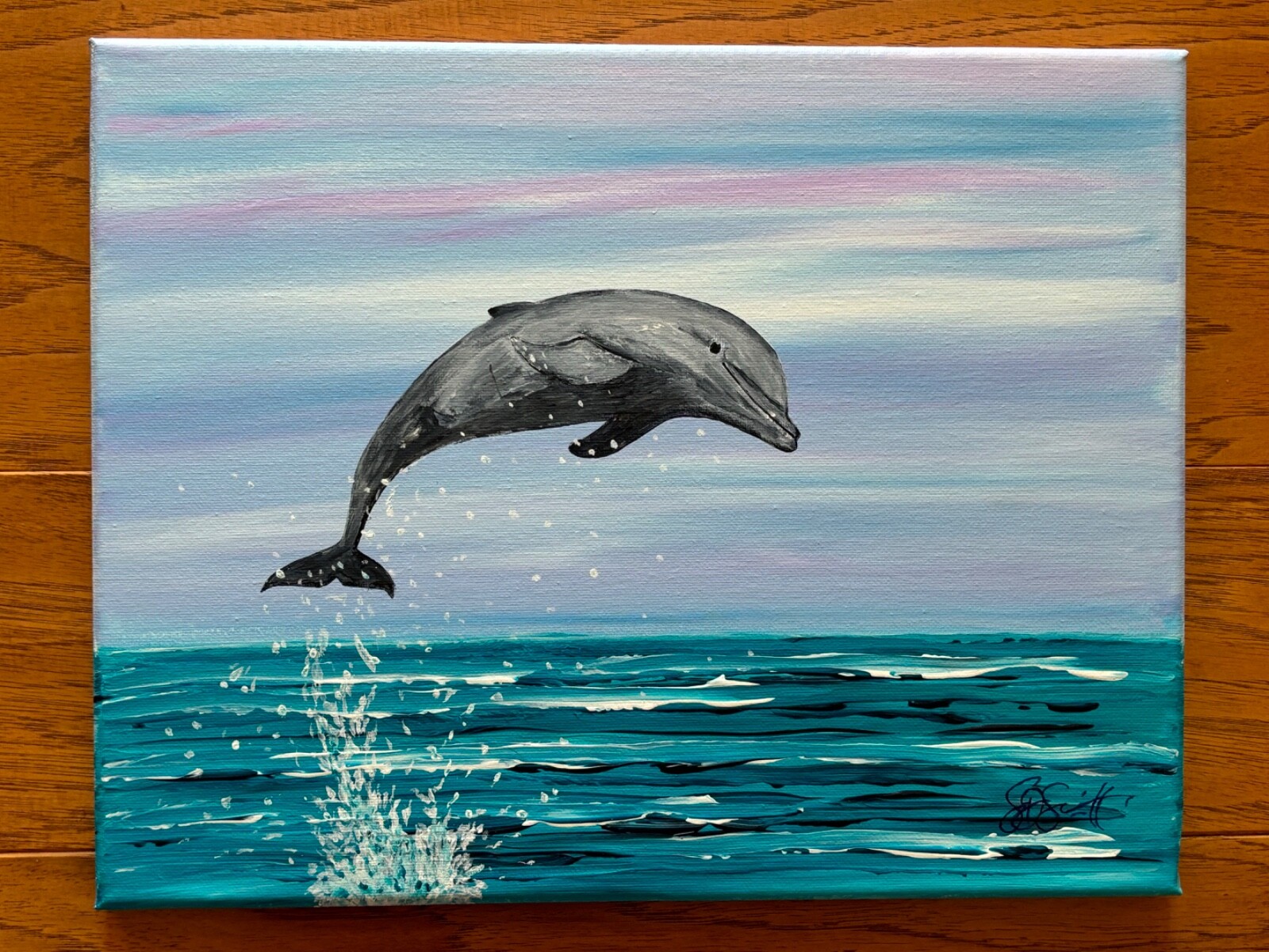 #161 JUMPING DOLPHIN ACRYLIC PAINTING on CANVAS 11×14 ORIGINAL by SDSchwitters
