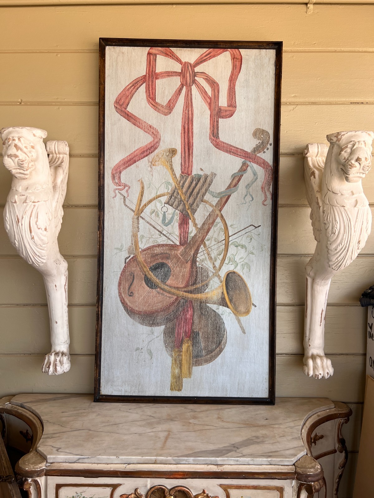 French Provincial Style Hand Painted Oil on Wood Large Trophy Painting Panel