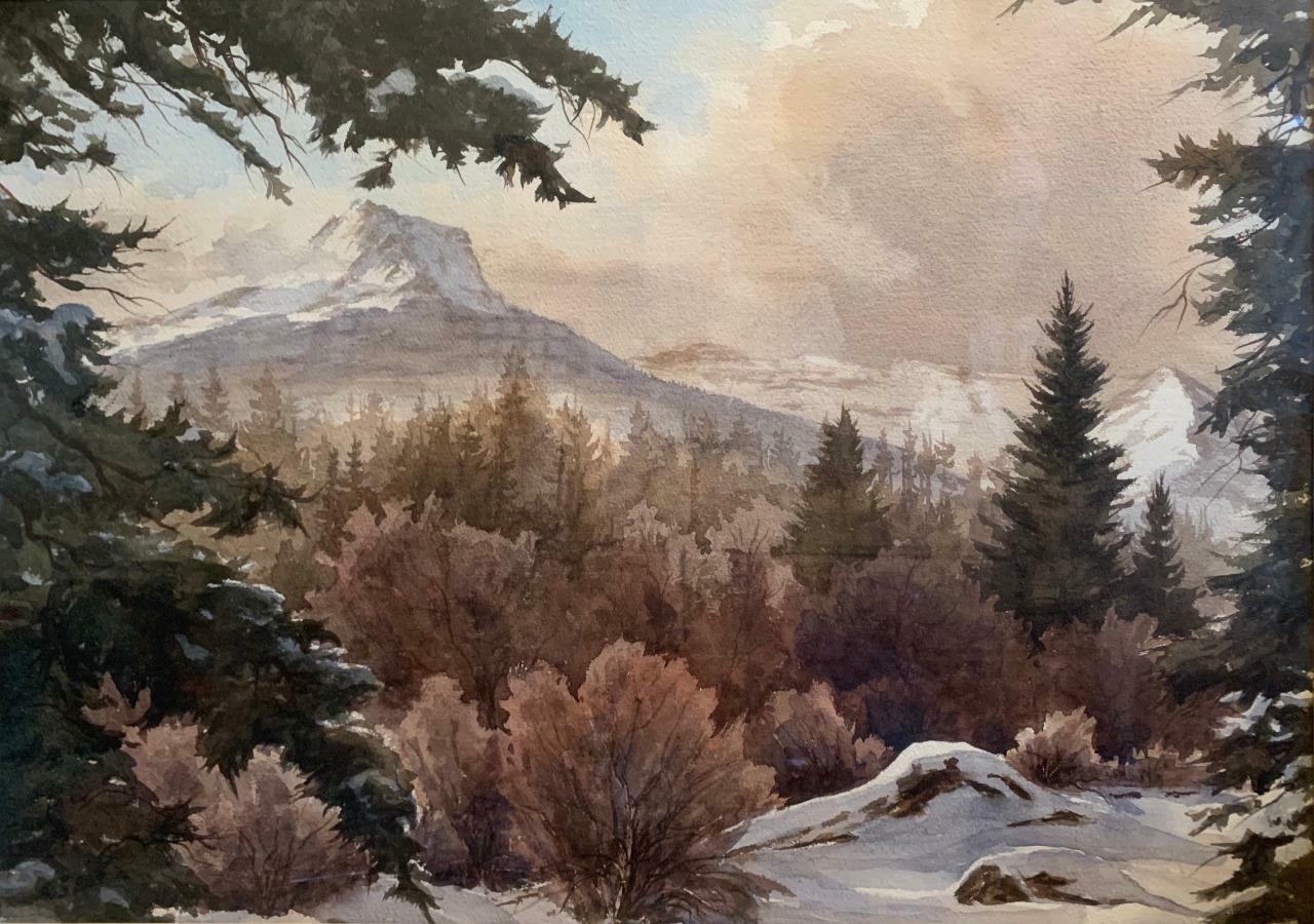 Mark Ogle Original Watercolor Winter Glacier Landscape Listed Montana Nice!