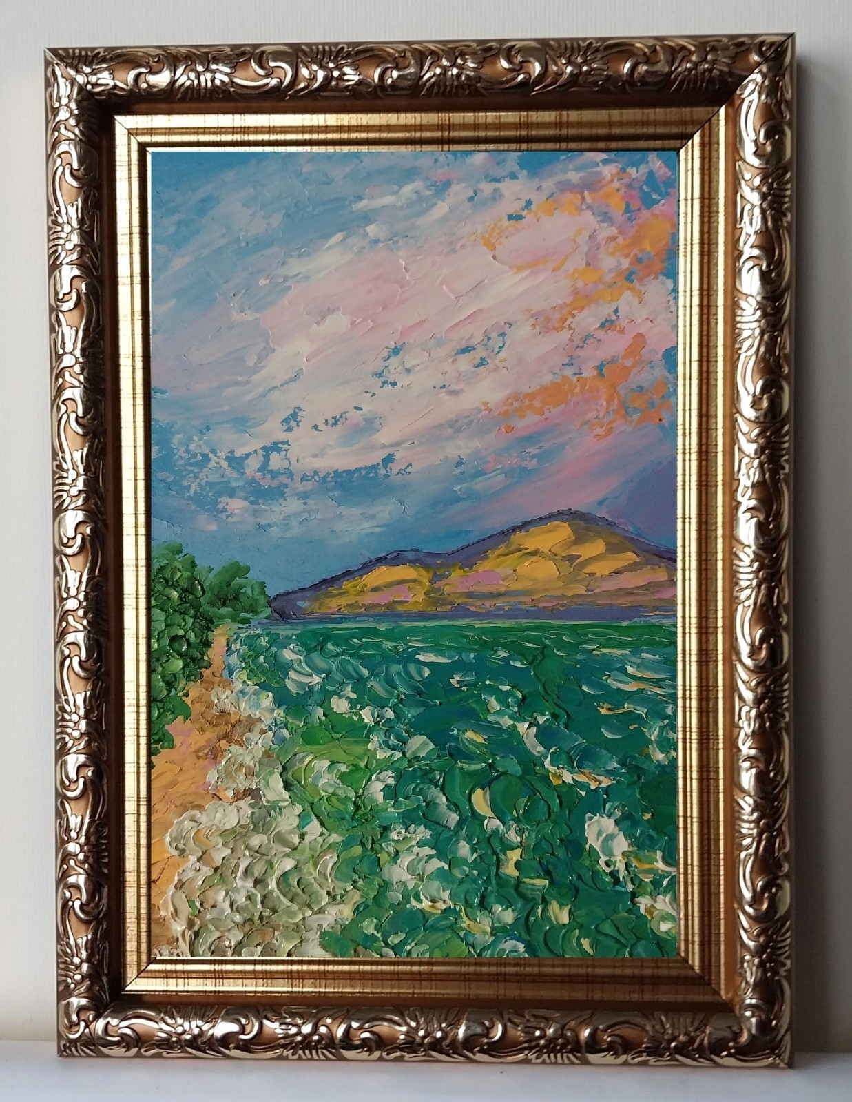 Framed Seascape Green Sea Seacoast Sunset Sky 4×6” Impasto Oil Painting Original