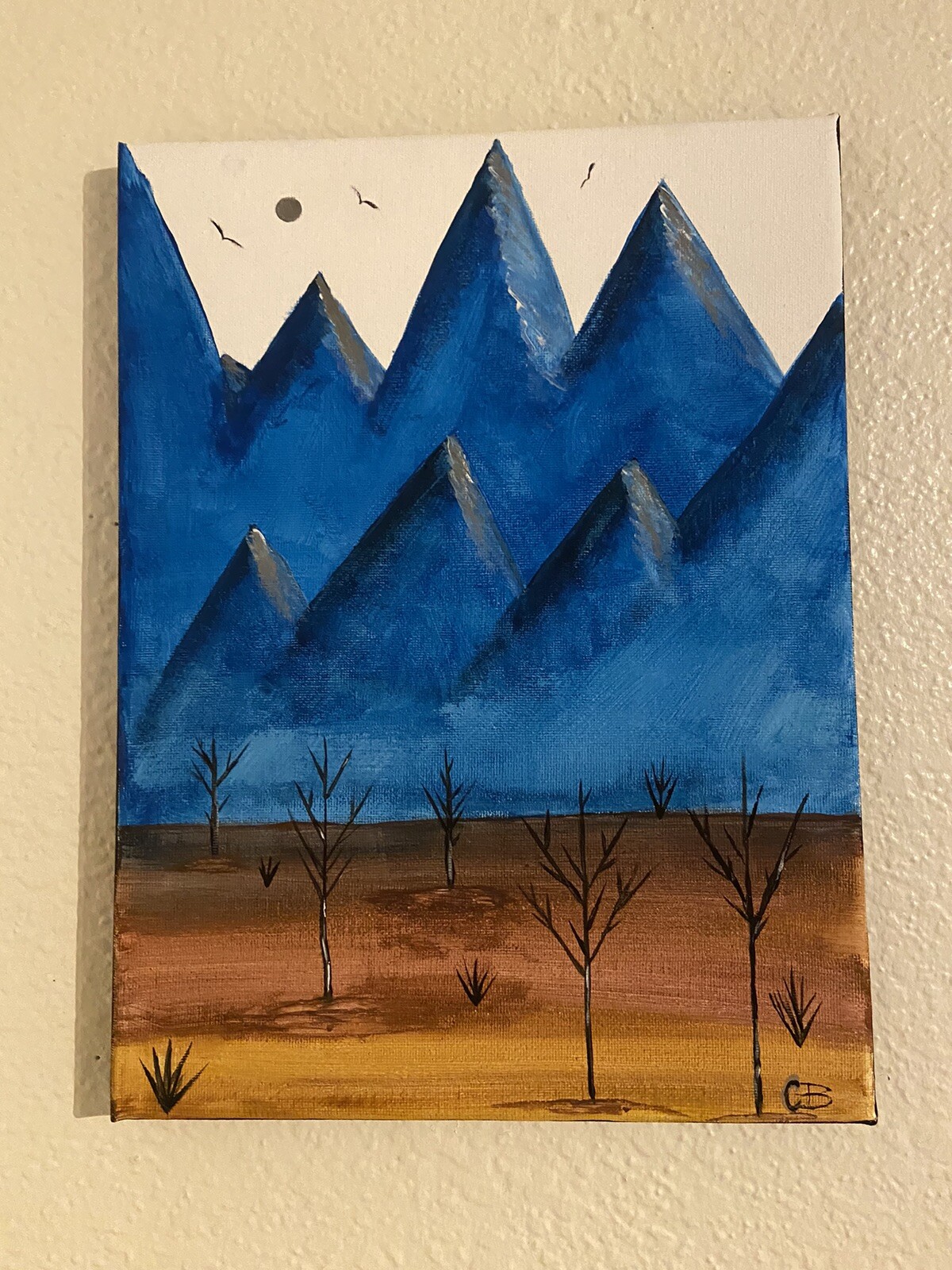 Blue Mountain Desert Landscape Original Acrylic Painting Ombré Brown Desert.