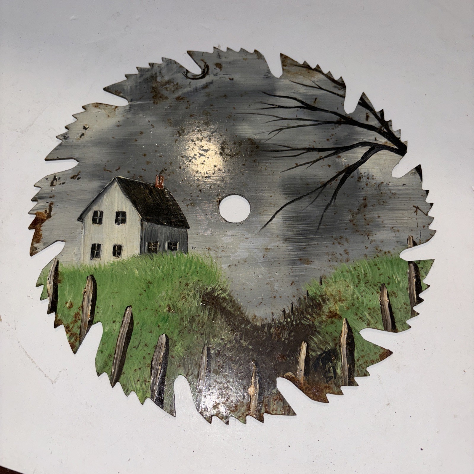 Vintage 8 inch saw blade folk art Farmhouse Field Fence painting Country decor