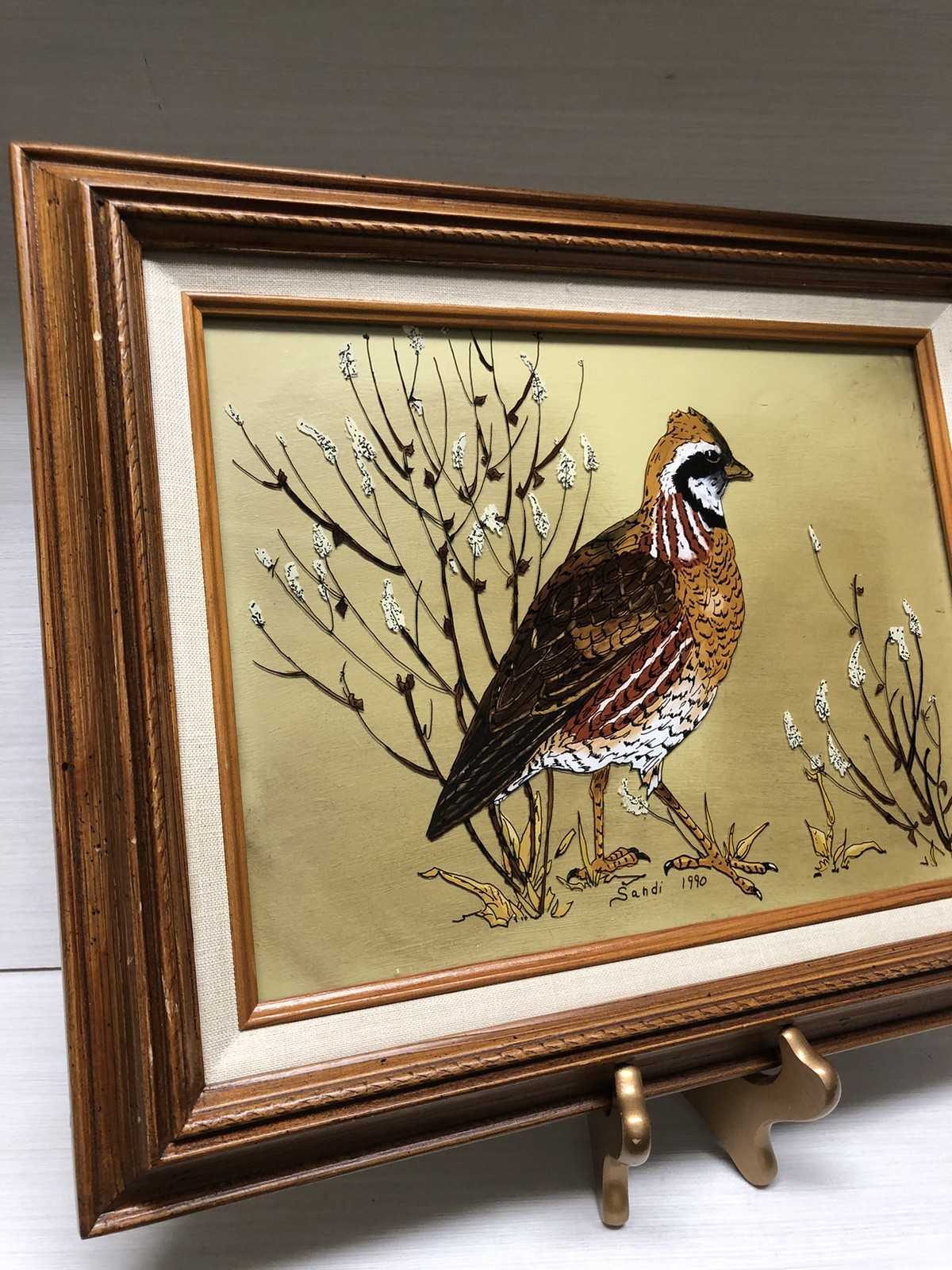 VTG Reverse Glass Art Painting Bowhite Quail Wood Framed Artist Signed 13×16”