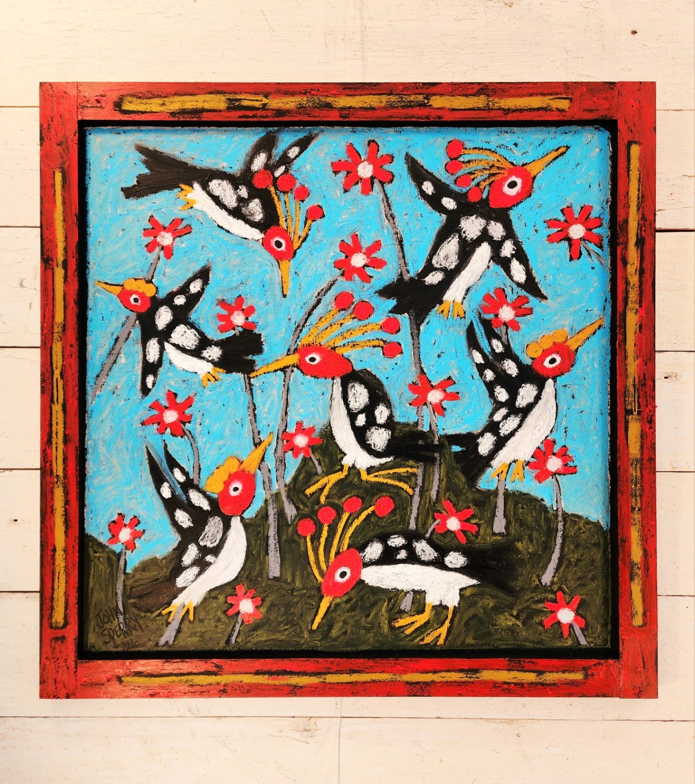 John Sperry Outsider Southern Primitive Folk Art Woodpecker Birds Painting