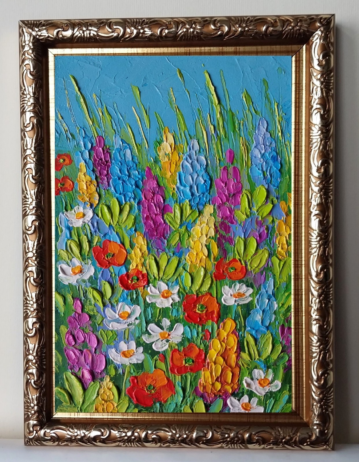 Framed Summer Wildflowers Lupine Daisy Poppy 4×6” Impasto Oil Painting Original