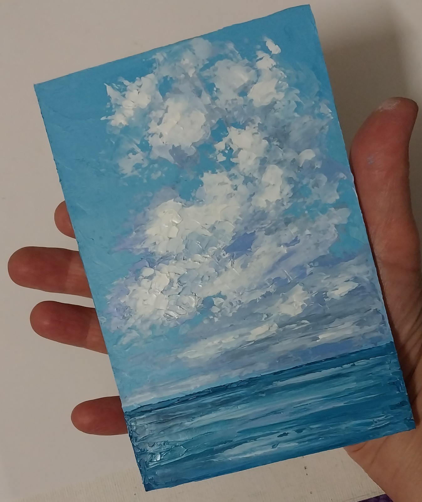 Framed Calm Cloud Art Mini Seascape Cloud Over Sea 4×6″ Original Oil Painting
