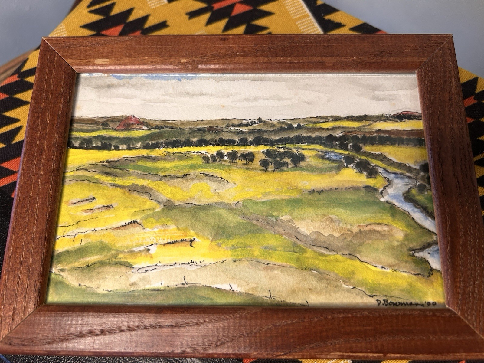 Vintage Landscape Watercolor Painting River Grand River South Dakota Miniature