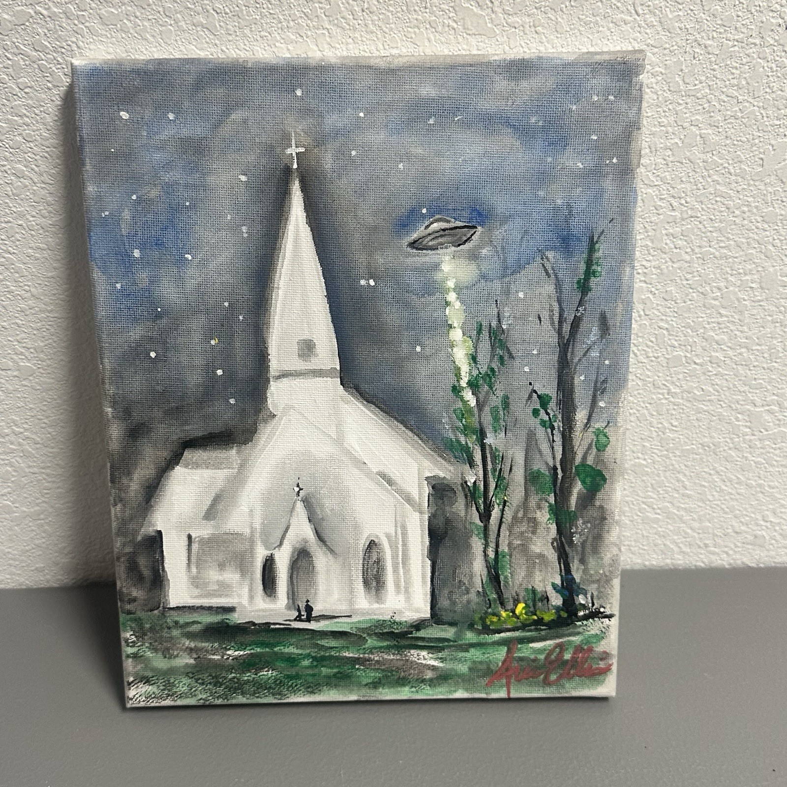 Ufo Alien Invasion Church Abstract Painting Original Acrylic 8 X 10 Signed