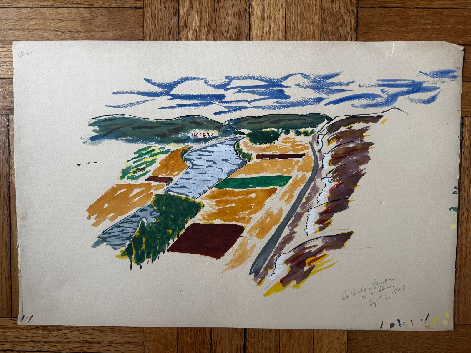 French 1940s Original Watercolor Gouache Painting Landscape Dated OOAK 19 x 12
