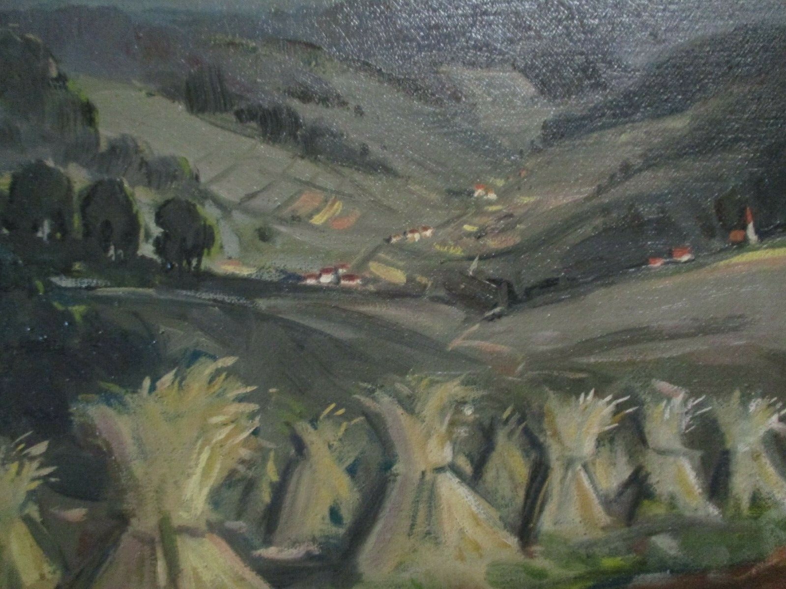 ANTIQUE OIL PAINTING EJNAR HANSEN AMERICAN HAY STACKS REGIONALIST WPA LANDSCAPE