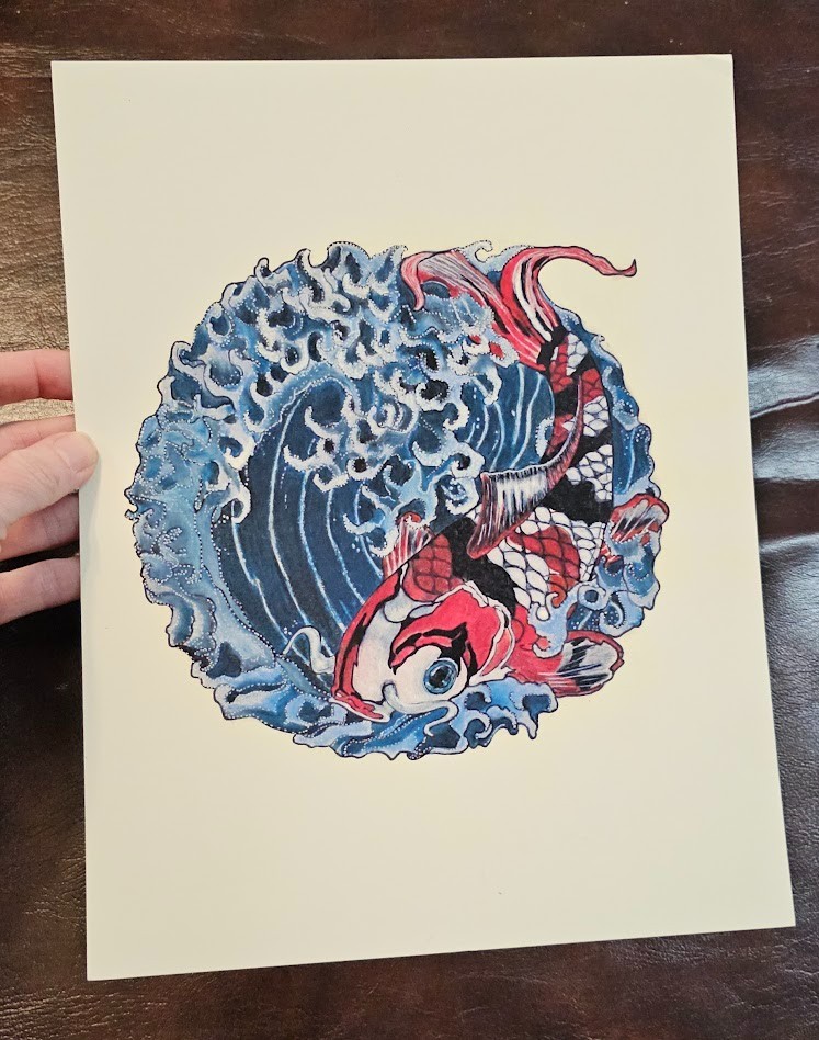COLORFUL KOI FISH Waves Art Print on Paper signed «deni ’11» 2011