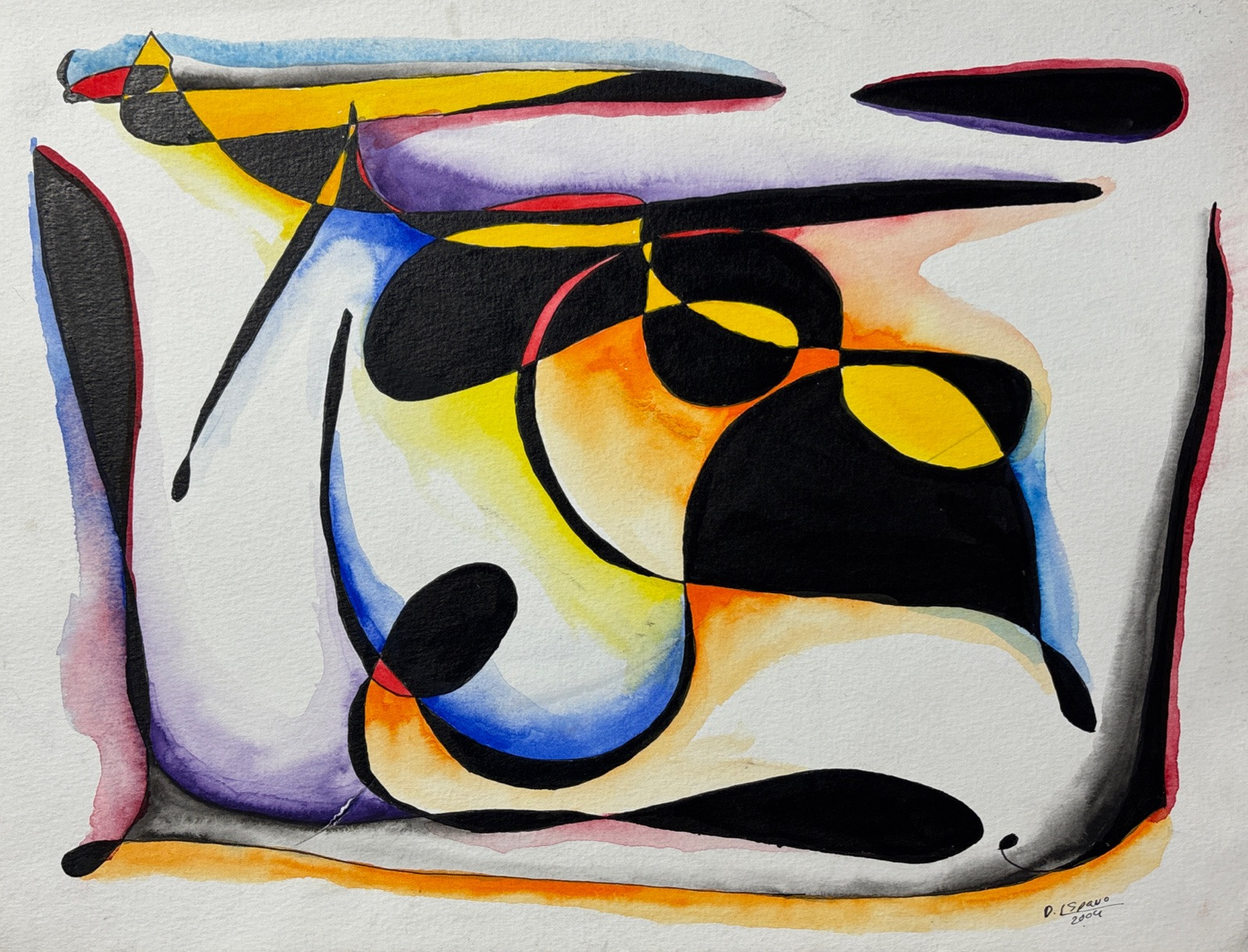 Original Original Abstract Watercolor Painting Signed Organic & Geometric 2006?