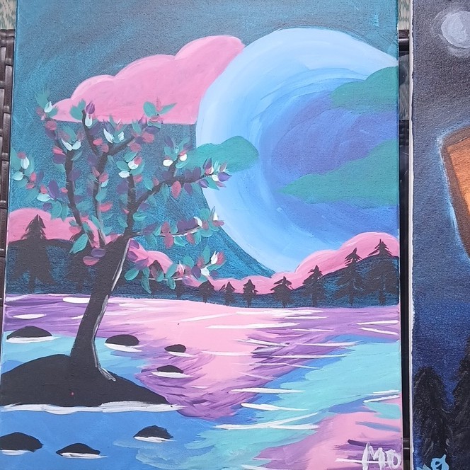 Ariel Signed Small Contemporary Landscape Painting Set Tree Moon Night Sky