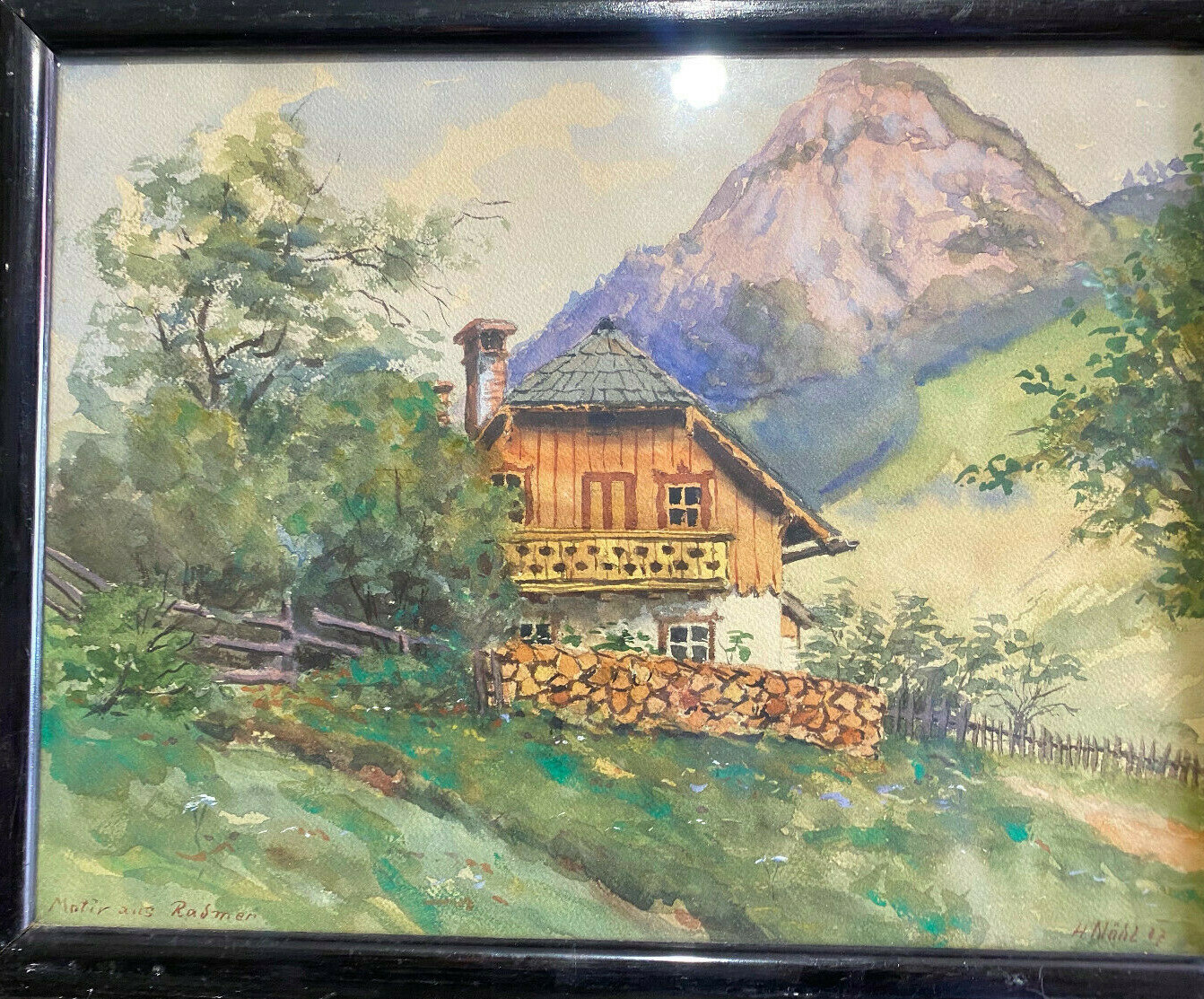 ::WATERCOLOUR SIGNED H.NÄBL 1927 ALPINE HUT WITH MOUNTAINS NEAR RADMER STYRIA