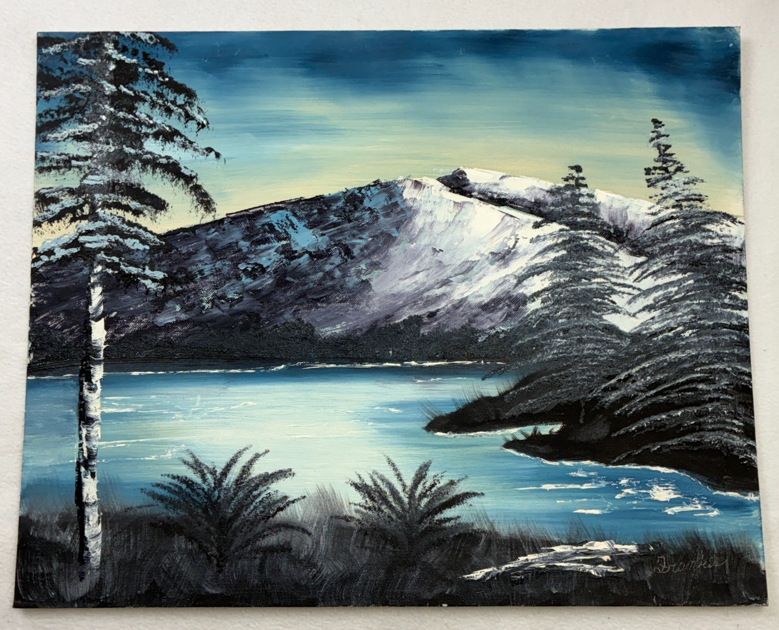 Winter Mountain Lake Original Painted Oil on Canvas Board 20×16 Unframed Signed
