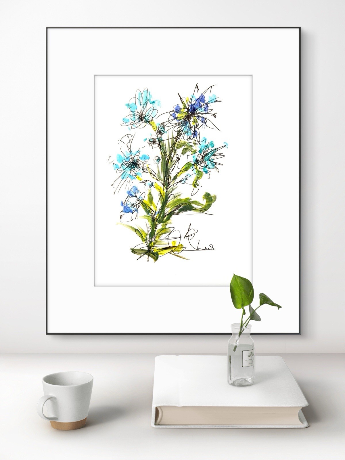 Original Abstract 9×12 Blue Flower Ink Drawing Handmade Bedroom SignedArt 20
